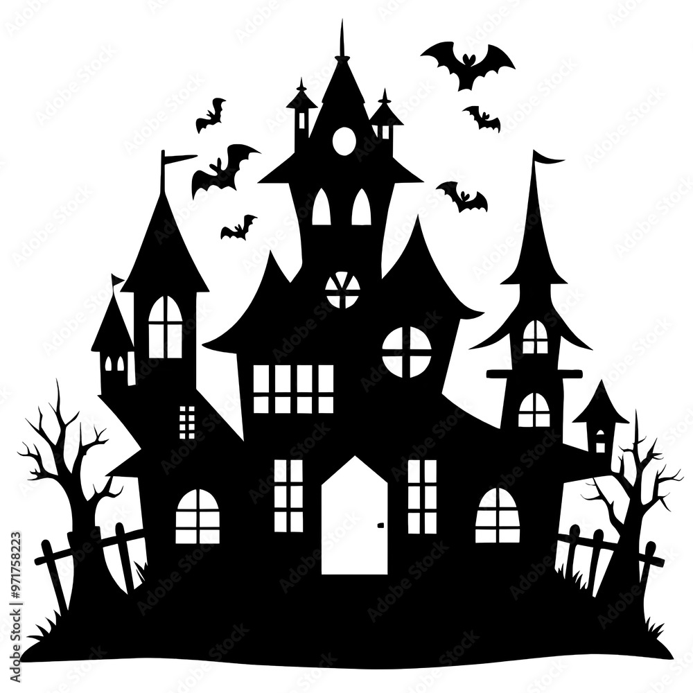 The silhouette showcases a haunted house with distinct towers bats flying above eerie trees and gravestones perfect for Halloween themes The silhouette showcases a haunted house with distinct towers bats flying above eerie trees and gravestones perfect for Halloween themes