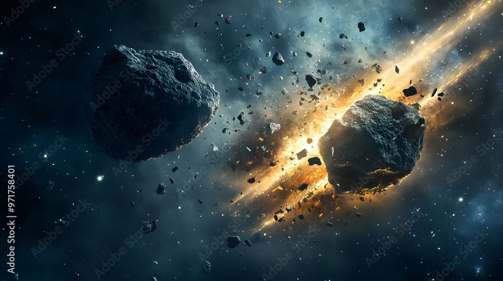 Asteroid Collision: Two asteroids on a collision course, moments before impact, with debris scattering through space.
Asteroid Collision: Two asteroids on a collision course, moments before impact, with debris scattering through space.