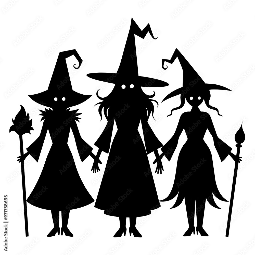 Three witches in black silhouette stand side by side wearing pointed hats and holding staffs evoking a mystical and enchanting vibe Three witches in black silhouette stand side by side wearing pointed hats and holding staffs evoking a mystical and enchanting vibe