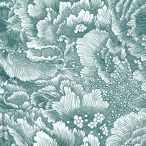 Cross hatch line art style floral background. Green, white and black sketch. Seamless pattern