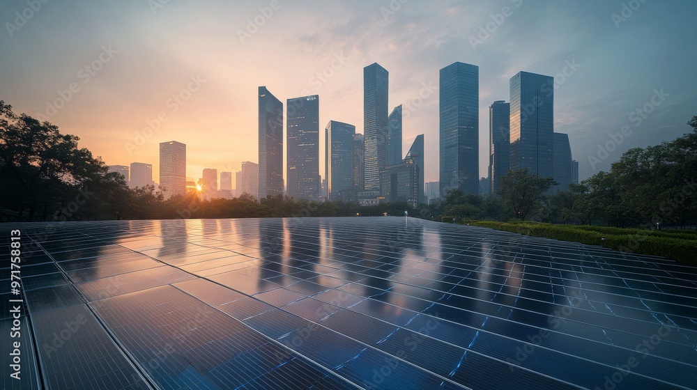 Obraz premium The sun rises behind a modern city skyline, illuminating towering buildings with a warm glow. Solar panels reflect this vibrant light, showcasing renewable energy in action