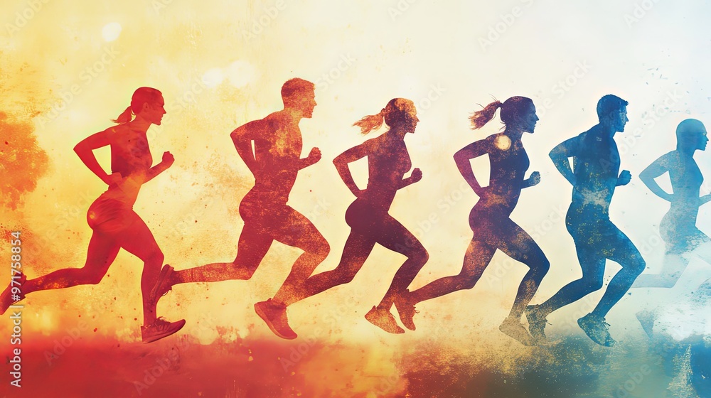 Silhouettes of Runners in a Glowing Background Silhouettes of Runners in a Glowing Background