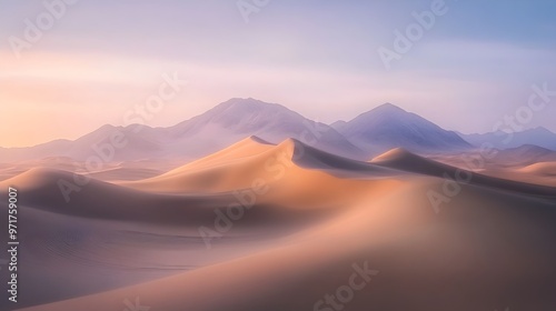 Majestic Desert Landscape with Dramatic Sand Dunes and Serene Sunset Scenery