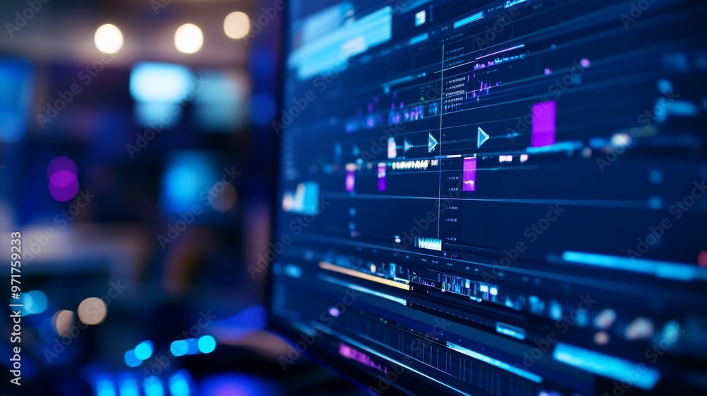 A detailed view of a computer screen featuring a vibrant editing timeline, illuminated by ambient blue and purple lighting in a creative workspace setting A detailed view of a computer screen featuring a vibrant editing timeline, illuminated by ambient blue and purple lighting in a creative workspace setting