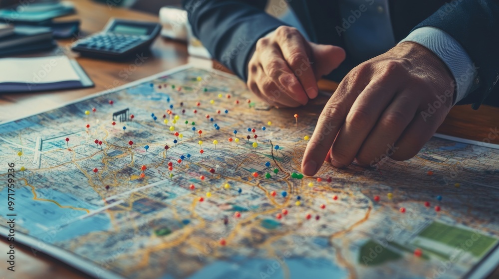 Obraz premium A businessman focuses intently as he positions colored pins on a large city map, engaging in strategy planning within a well-organized office environment
