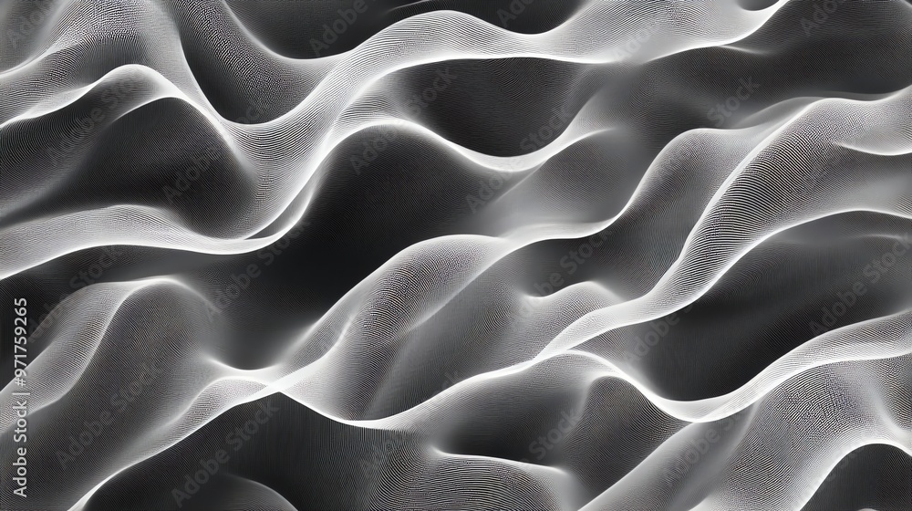 Fototapeta premium Abstract white mesh flowing in waves against a black background.