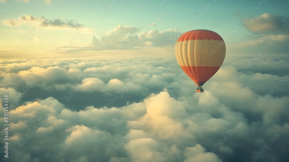 Majestic hot air balloon floating above the clouds in a peaceful scenic landscape Majestic hot air balloon floating above the clouds in a peaceful scenic landscape