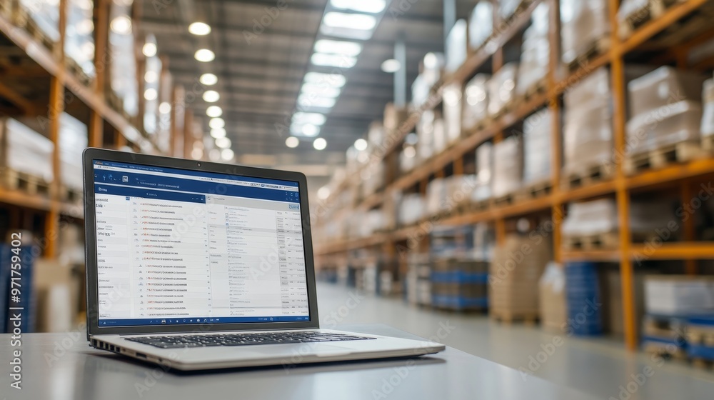Naklejka premium A detailed view of a laptop on a desk displaying inventory management software, set against the backdrop of a well-organized warehouse with shelves stocked with goods