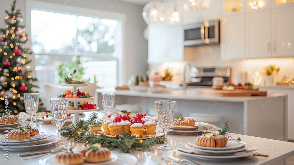 Festive Christmas Brunch Setup in Modern Kitchen with Decorated Table and Holiday Treats Festive Christmas Brunch Setup in Modern Kitchen with Decorated Table and Holiday Treats