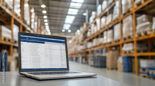 A detailed view of a laptop on a desk displaying inventory management software, set against the backdrop of a well-organized warehouse with shelves stocked with goods
