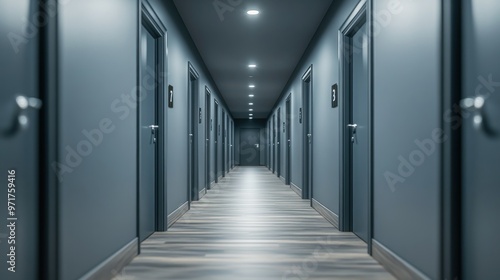 A long hallway with a door on each side. View of hostel hallway with storage and dormitory rooms. Concept Hostel Interior, Dormitory Rooms, Hallway Design, Storage Solutions