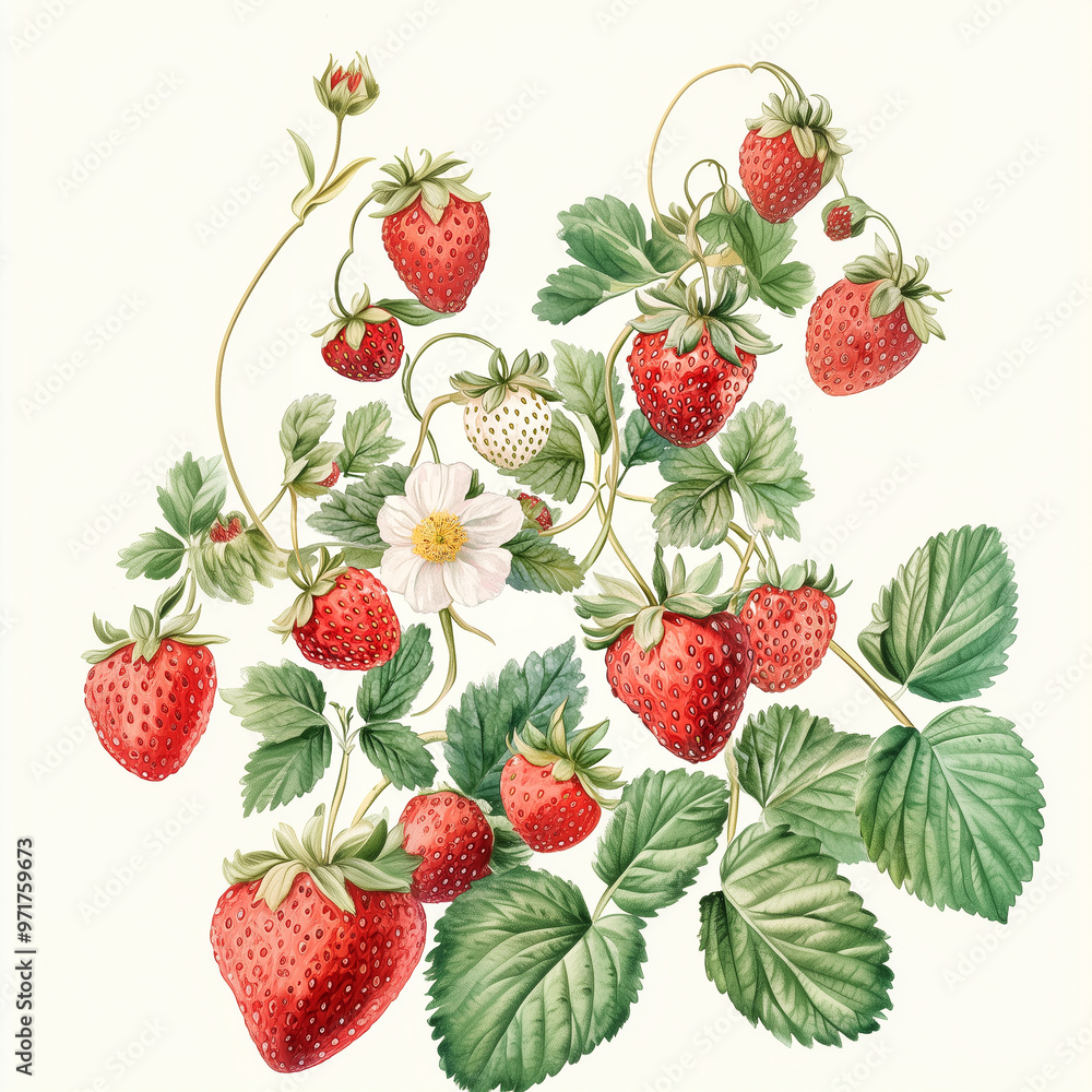 Strawberry Plant with Flowers and Vines Botanical Illustration Strawberry Plant with Flowers and Vines Botanical Illustration
