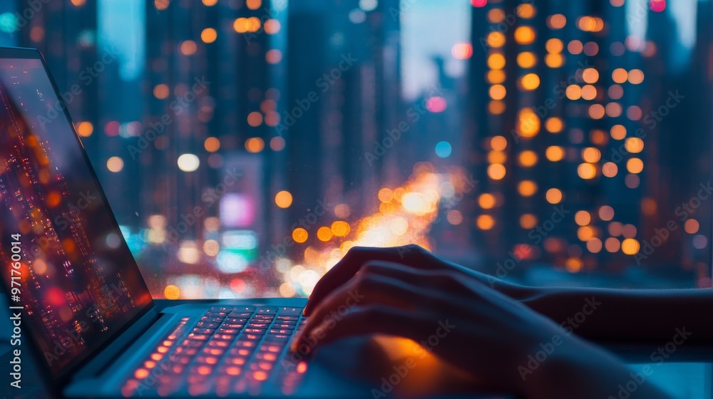 A close-up view shows hands actively typing on a modern laptop while a stunning city skyline with twinkling lights is visible through the expansive window A close-up view shows hands actively typing on a modern laptop while a stunning city skyline with twinkling lights is visible through the expansive window