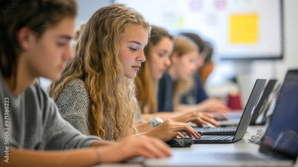 A diverse group of students is intensely working on their laptops, showcasing a collaborative educational environment in a contemporary classroom A diverse group of students is intensely working on their laptops, showcasing a collaborative educational environment in a contemporary classroom