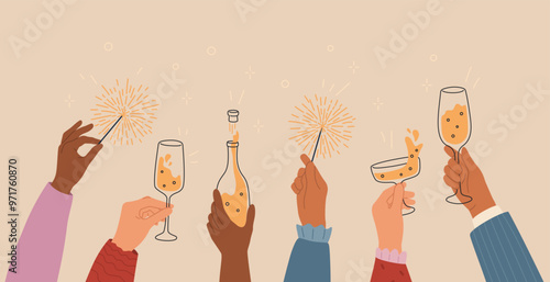 Set of hands different skin colors hold glasses of champagne, wine and sparklers. People on New Year and Christmas party. Vector linear flat illustration for celebrating holiday.