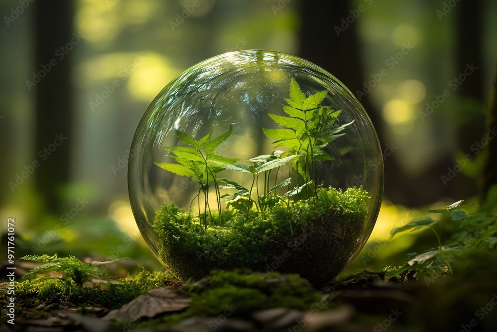 A small glass terrarium containing young plants grows in a serene forest during golden hour light