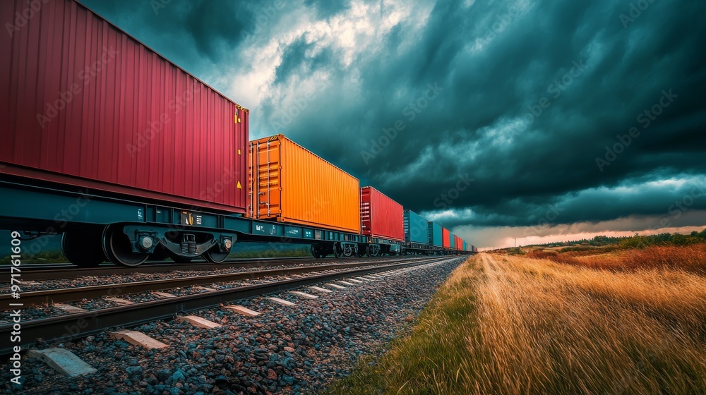 Obraz premium A freight train carries a long line of vibrantly colored shipping containers along railway tracks, with dark clouds looming overhead in the countryside