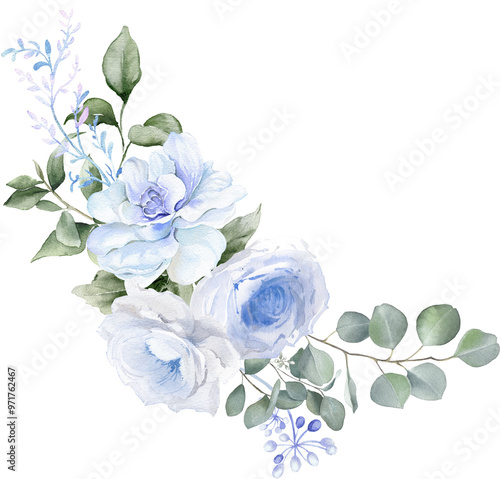 Watercolor floral illustration. Blue flowers and eucalyptus greenery bouquet.  Winter floral clipart. Dusty blue roses, hydrangea, peony for Wedding stationary, Christmas card