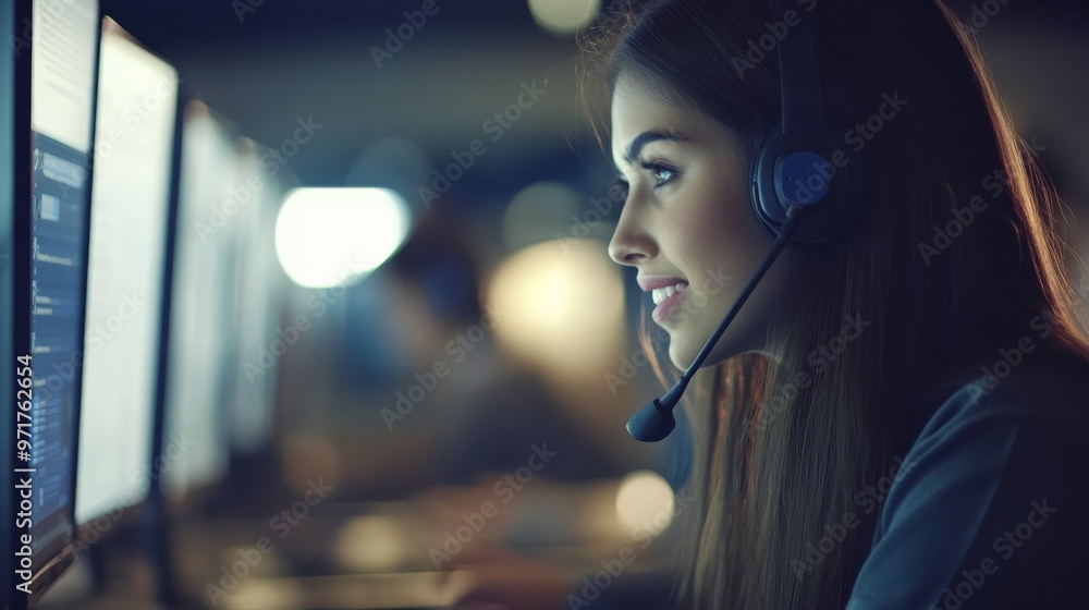 Obraz premium A call center agent engages with clients through a headset, displaying professionalism and concentration in a modern office setting, contributing to effective communication