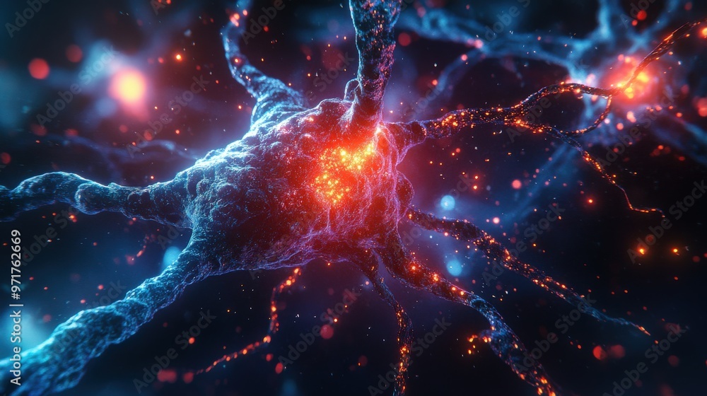Biomedical Nerve Cell with Glowing Synapse Biomedical Nerve Cell with Glowing Synapse