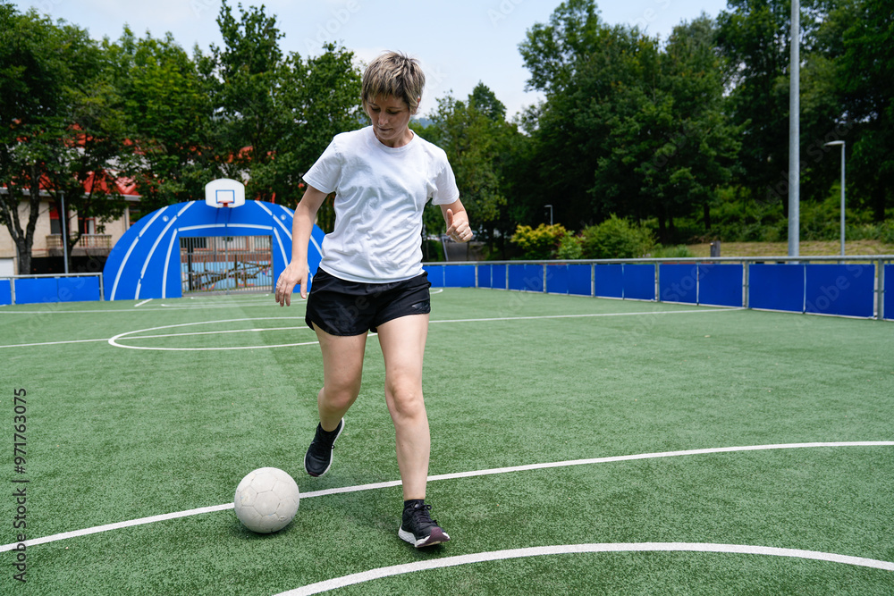 Obraz premium Mother practicing soccer moves on an outdoor field during a sunny day, focused and determined.