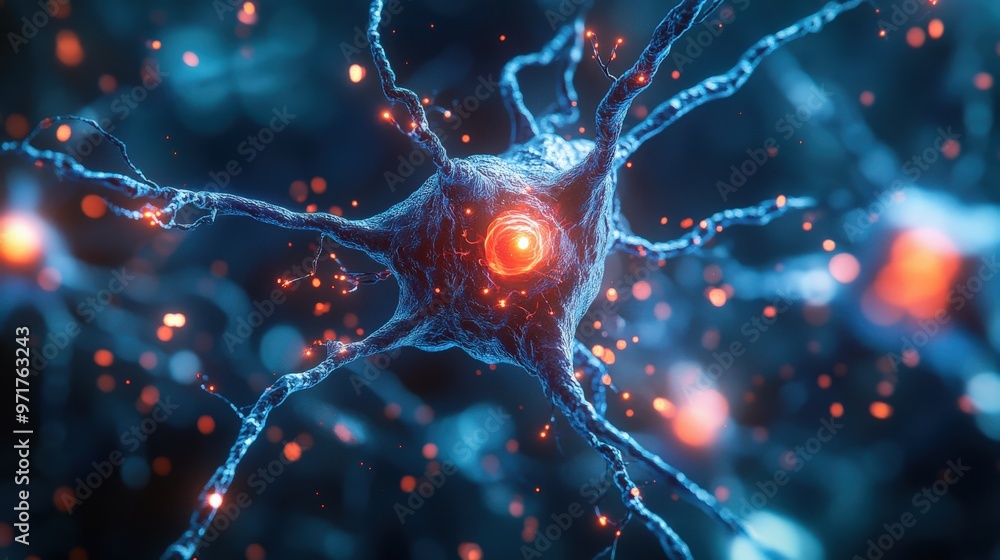 Biomedical Nerve Cell with Glowing Synapse Biomedical Nerve Cell with Glowing Synapse