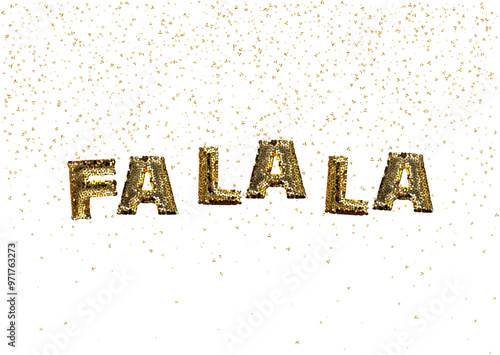 falala 3d abstract golden metallic sequins with confetti background. Isolated on the white backdrop. Vector holiday illustration EPS10. Christmas concept greeting card, banner.