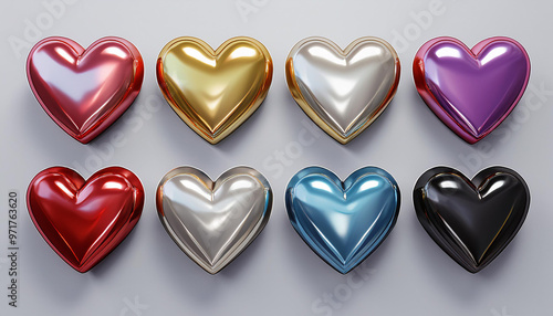 8つの立体的なハートが並んでおり、それぞれが異なるメタリックな色で輝いています。赤、金、銀、青、黒、ピンク、紫などのカラーバリエーションがあり、光沢のある質感が特徴です。背景はシンプルなグレーで、ハートが際立つデザインです。generative AI