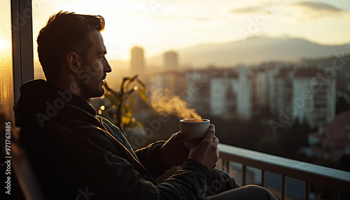 A man enjoying a cup of coffee on his apartment balcony, looking out over a cityscape