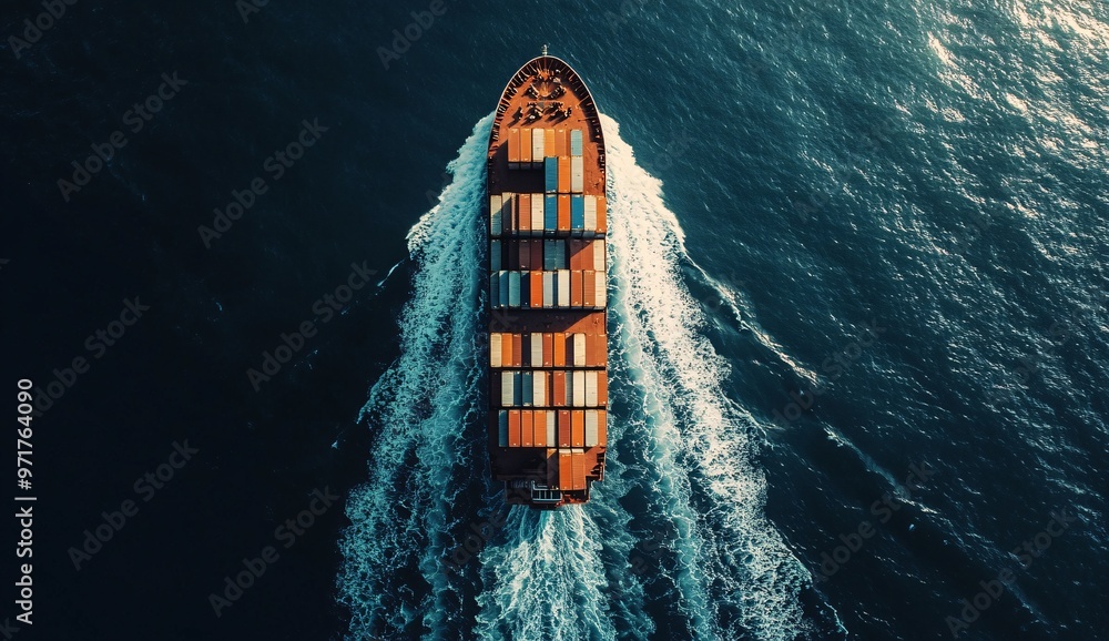 Large cargo ship navigating through open waters while transporting colorful shipping containers in daylight Large cargo ship navigating through open waters while transporting colorful shipping containers in daylight