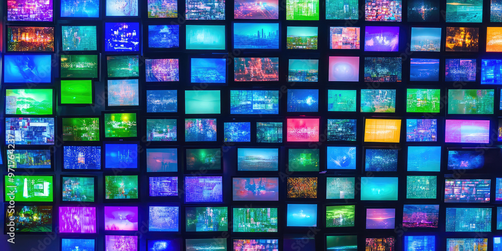 A wall with many TV television screens, various colorful broadcasts. Abstract TV media background A wall with many TV television screens, various colorful broadcasts. Abstract TV media background