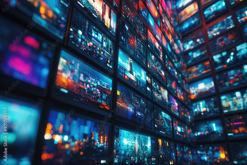 A wall with many TV television screens, various colorful broadcasts. Abstract TV media background A wall with many TV television screens, various colorful broadcasts. Abstract TV media background
