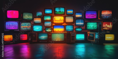 A wall with many TV television screens, various colorful broadcasts. Abstract TV media background photo