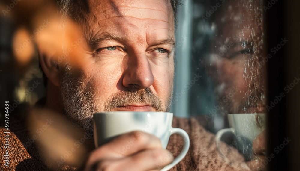 A man sipping coffee while looking out a window, with soft morning light on his face A man sipping coffee while looking out a window, with soft morning light on his face