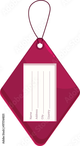 Red diamond shaped luggage tag with an empty label is hanging on a string