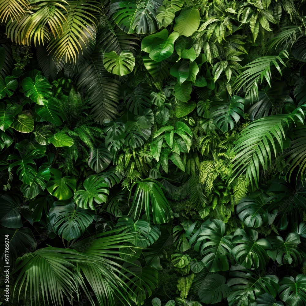 Fototapeta premium Lush green foliage creates a vibrant, tranquil backdrop, ideal for nature-themed designs and relaxation visuals.