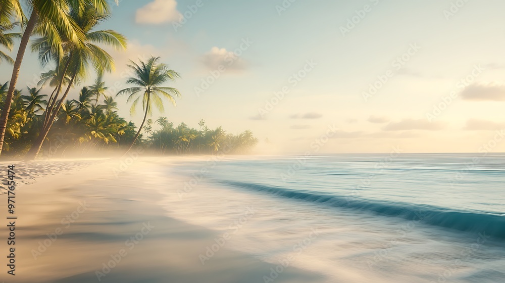 A soft, blurred tropical beach at sunrise with a clear sky for text A soft, blurred tropical beach at sunrise with a clear sky for text