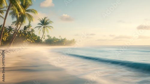 A soft, blurred tropical beach at sunrise with a clear sky for text