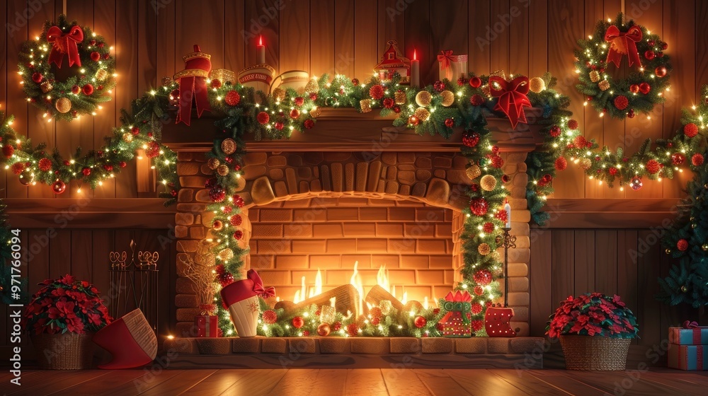 Fototapeta premium Cozy and festive Christmas fireplace scene with lit fireplace holiday wrapped gifts beneath the mantelpiece
