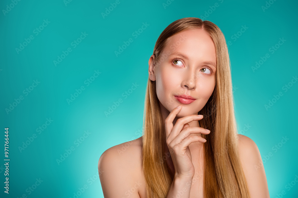 Portrait of attractive charming woman look empty space offer news isolated on cyan color background Portrait of attractive charming woman look empty space offer news isolated on cyan color background