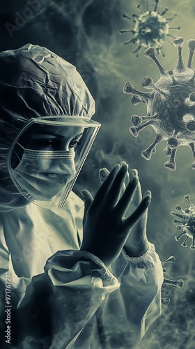 Healthcare worker in protective suit surrounded by floating viruses photo