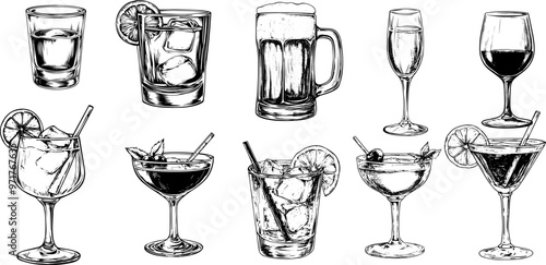 Vintage Sketch of Drinks Cocktail. Whisky, Soda, Lemon, Ice, and Glass. Vector Illustration Set.