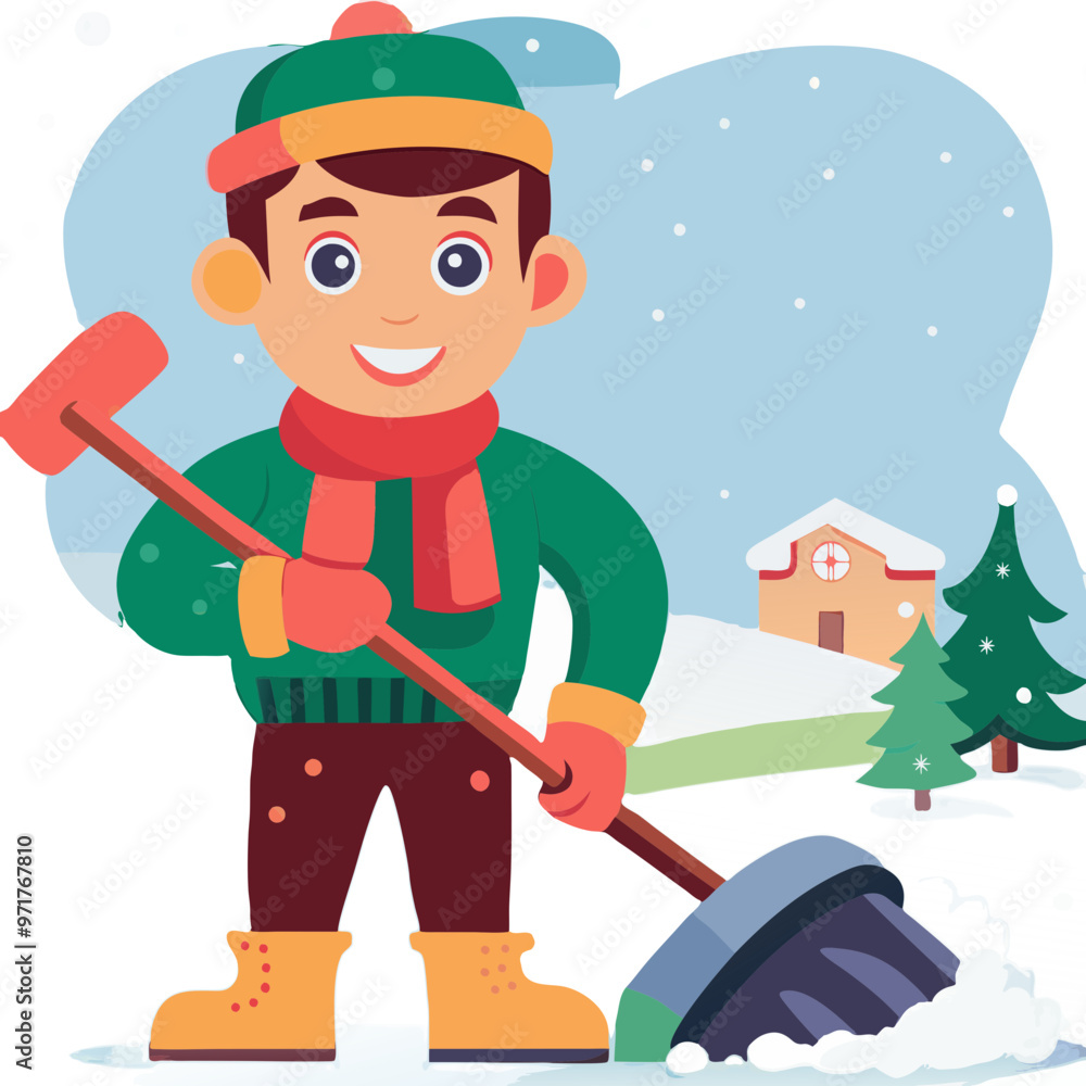 Man shoveling snow in a snowy driveway on a winter morning Man shoveling snow in a snowy driveway on a winter morning