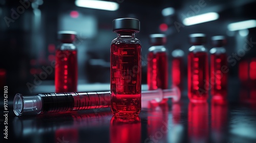 Red liquid-filled vials with syringe in clinical setting photo