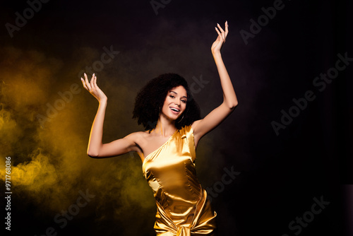 Fotografie Photo of fancy excited lady wear gold dress dancing erotic moves isolated black