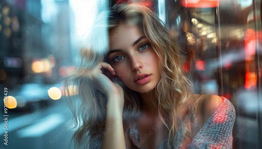 A woman fixing her hair in the reflection of a store window, with city lights reflecting in the window glass A woman fixing her hair in the reflection of a store window, with city lights reflecting in the window glass