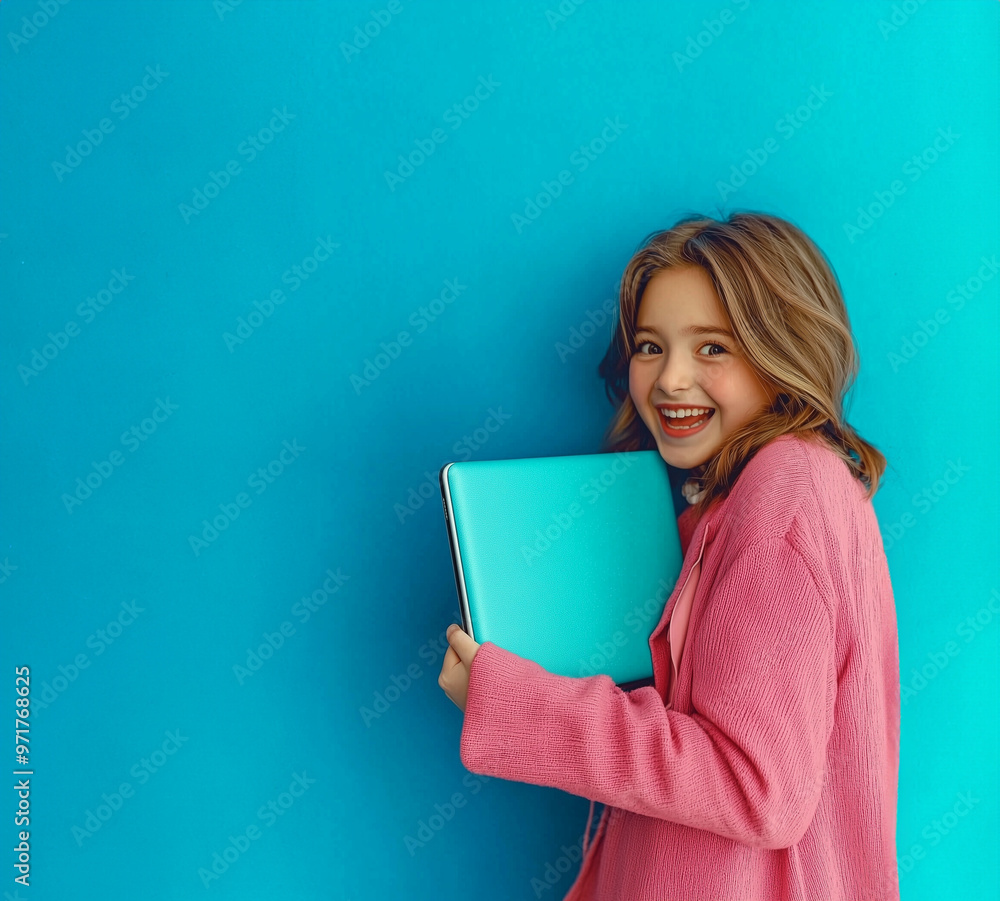 A girl with a happy and surprised expression holds her tablet against a blank blue background. A vibrant portrait of a girl holding a notebook device. A girl with a happy and surprised expression holds her tablet against a blank blue background. A vibrant portrait of a girl holding a notebook device.