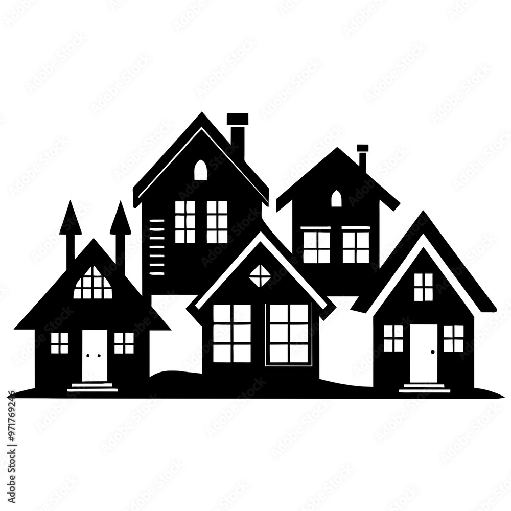 A collection of distinct black silhouette houses showcases architectural variety perfect for artistic applications crafts or as decorative elements in design A collection of distinct black silhouette houses showcases architectural variety perfect for artistic applications crafts or as decorative elements in design