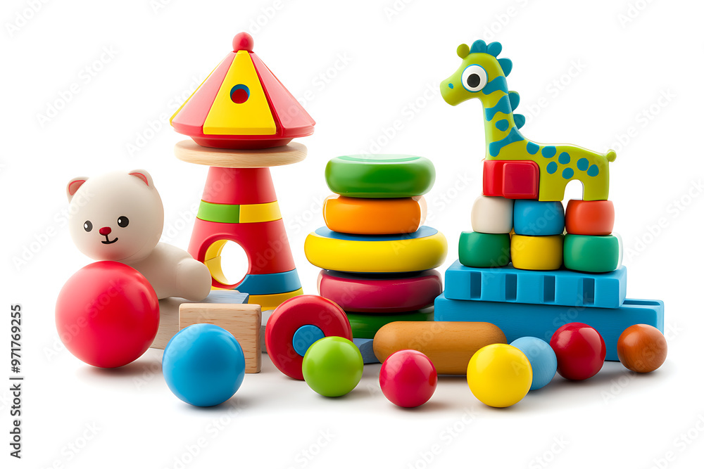 A collection of colorful wooden toys, including a giraffe, a tower, a bear, and balls, on a white background. A collection of colorful wooden toys, including a giraffe, a tower, a bear, and balls, on a white background.