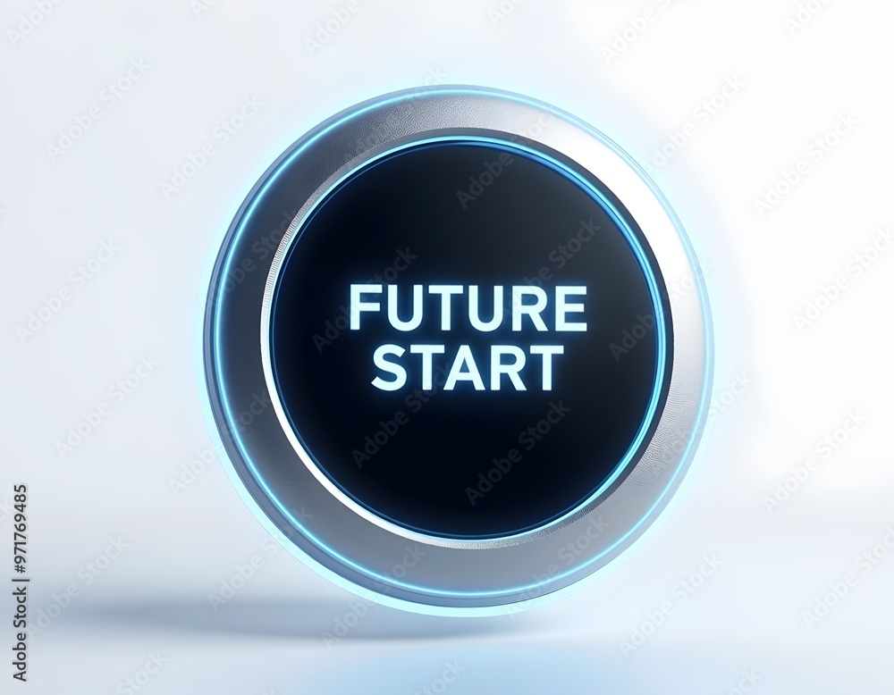 A digital rendering of a circular Future start button with light blue underline isolated on white studio background A digital rendering of a circular Future start button with light blue underline isolated on white studio background